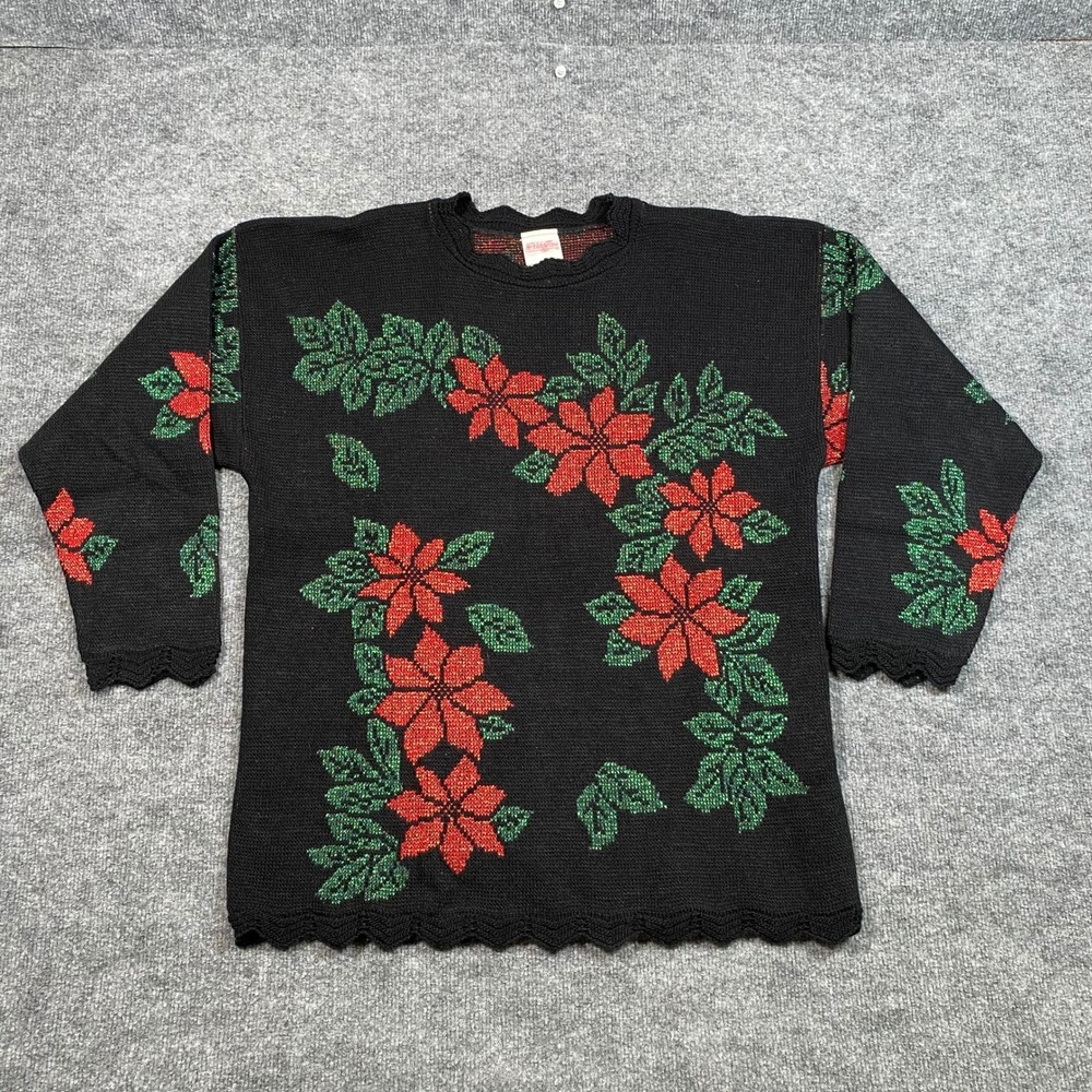Holiday Time Womens Large Black Poinsettia Metallic Lurex Scalloped Knit Sweater